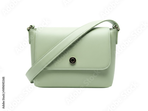 Pastel green shoulder bag with magnetic flap and minimalist design, isolated on a transparent background, soft even lighting, slight top-front perspective, studio photography style, no branding
