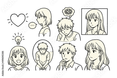 Line style icons of anime emotions in scenes: “heart racing” symbol, “look away” bubble, “overthinking” loop, inner monologue panel, “inspired spark” icon, moment of silence badge, “confession pause”