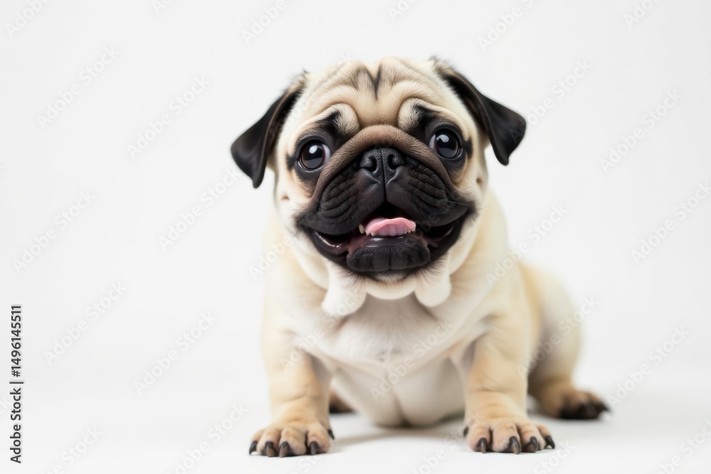 Playful pug on white backdrop, looking directly at camera, full body, dog photography, joyful Playful pug on white backdrop, looking directly at camera, full body, dog photography, joyful