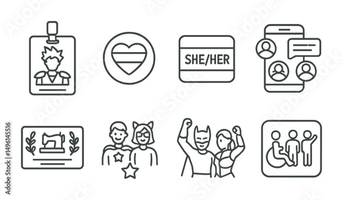 Line style icons of cosplay identity and community: cosplayer ID badge, fandom pride pin, pronoun sticker tag, cosplay group chat icon, maker credits card, cosplay support team, duo cosplay pose,