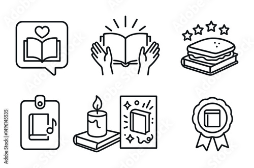 Line style icons of book celebration moments: favorite quote sticker, finish-the-book cheer, “five stars!” badge, snack after final chapter, book-inspired playlist tag, book-themed candle icon,