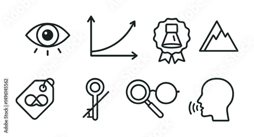 Line style icons of literary analysis: close reading eye icon, character arc graph, theme spotlight badge, plot mountain icon, motif loop tag, symbolism key, critical lens icon, narrative voice