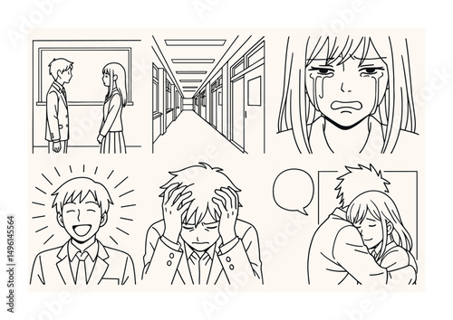 Line style icons of emotional moments in manga: confession scene board, lonely hallway panel, dramatic tear frame, intense stare icon, laughter burst icon, inner struggle panel, relief smile bubble,