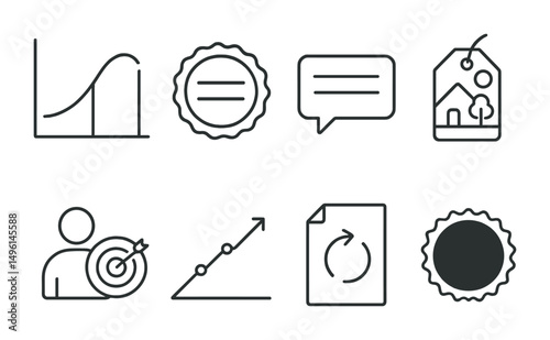 Line style icons of writing fiction: story arc chart, first line badge, dialogue bubble icon, setting sketch tag, character goal icon, rising action line, twist page symbol, story climax badge.
