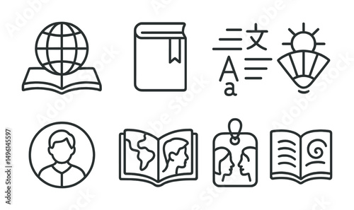 Line style icons of literature across cultures: world literature globe, translated book badge, multilingual lines, cultural symbolism icon, cross-border author badge, region-based genres, literary