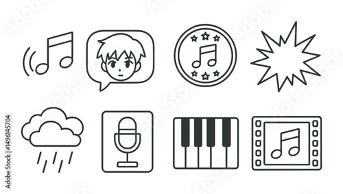 Line style icons of anime sound elements: OP theme icon, character voice bubble, background OST badge, dramatic sound spike, ambient rain audio, voice actor mic tag, anime piano moment, closing