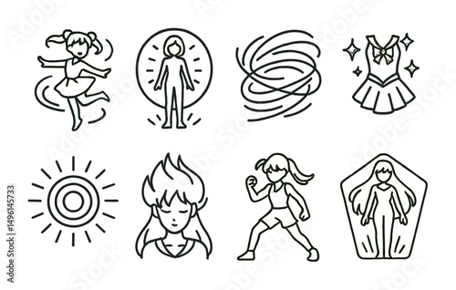 Line style icons of anime transformation scenes: spinning pose frame, glow-up sequence badge, magical energy lines, costume sparkle symbol, power-up circle, dramatic hair change icon, pose freeze,