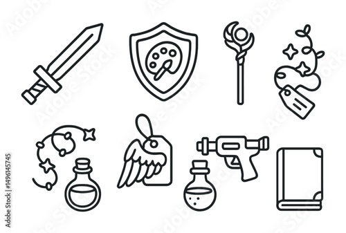 Line style icons of cosplay props: foam sword icon, shield with paint badge, crafted staff symbol, LED lights accessory, handmade wings tag, blaster gun prop, potion bottle, scroll or book.