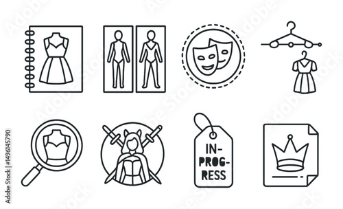 Line style icons of cosplay creativity: design sketchpad icon, alternate version sheet, mix and match badge, costume planning timeline, detail reference zoom, crossover cosplay idea, in-progress tag,