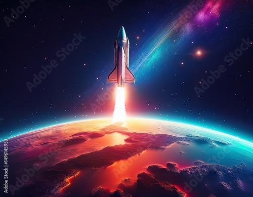 vibrant illustration of spaceship launching into space leaving a colorful trail over the earth with starry night sky background