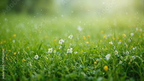 Vibrant spring meadow post rain flowers bejeweled with droplets embodying freshness renewal and natural serenity