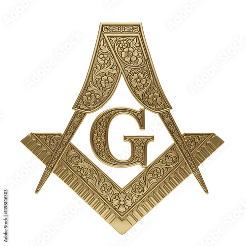 Gold Filigree Masonic Symbol. gold square and compasses with ornamental filigree and sharp points, isolated on a transparent background.	
