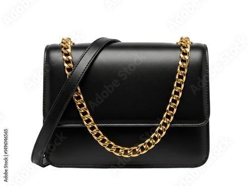 Black leather crossbody handbag with gold chain strap, isolated on a transparent background, soft even lighting, slight top-front perspective, studio photography style, no branding, no text or logos