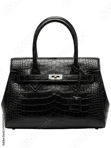 Classic black handbag with crocodile texture and structured form, isolated on a transparent background, soft even lighting, slight top-front perspective, studio photography style, no branding,