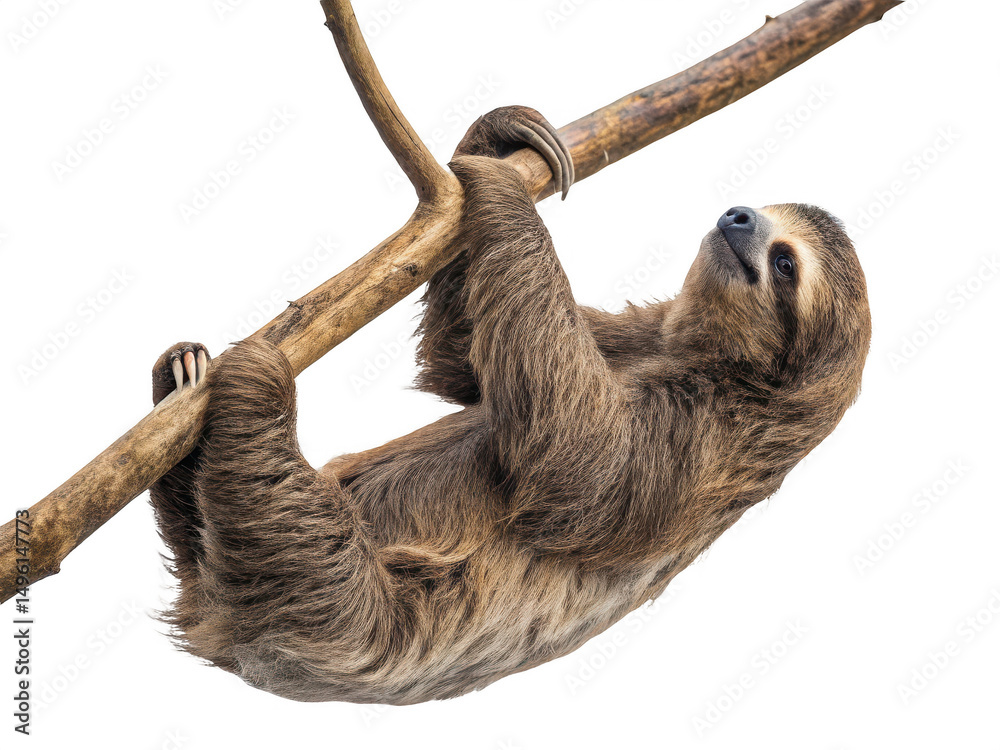 Obraz premium Sloth hanging on a branch isolated on transparent background