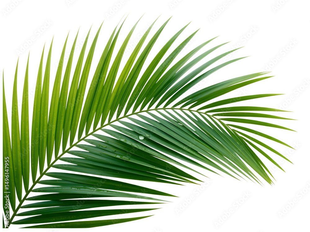 Fototapeta premium Lush green palm frond with water droplets isolated on transparent background
