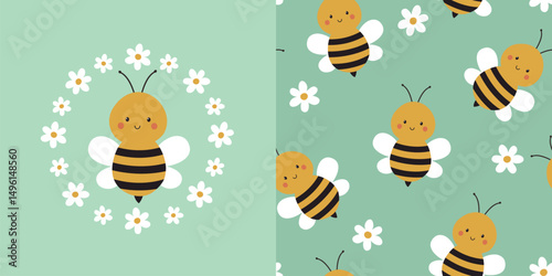 Cute bee card and seamless pattern. Background for kids with bees and daisies. Vector illustration. It can be used for wallpapers, wrapping, cards, patterns for clothes and other.