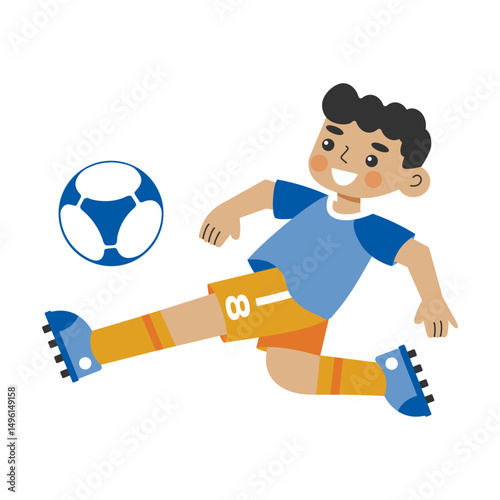 A small football player kicks the ball. Passing the ball in a jump, scoring. The game situation in a football match.