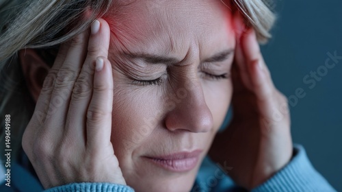 Headache pain: cranial tension, temple pressure, throbbing ache, neural strain, mental discomfort, sinus distress, sharp sensation, skull weight, dull throb, cerebral irritation. photo