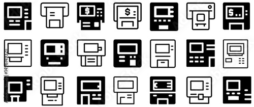 ATM Machine Icon Set – Automated Teller, Cash Withdrawal, Banking:
A collection of ATM machine icons, perfect for banking, cash withdrawal, deposit, and automated teller service graphics.