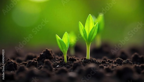 Close-up of vibrant green shoots emerging from rich soil, signifying new growth and spring's arrival  Perfect for themes of renewal, nature, and environmental conservation , stem, renewal, organic