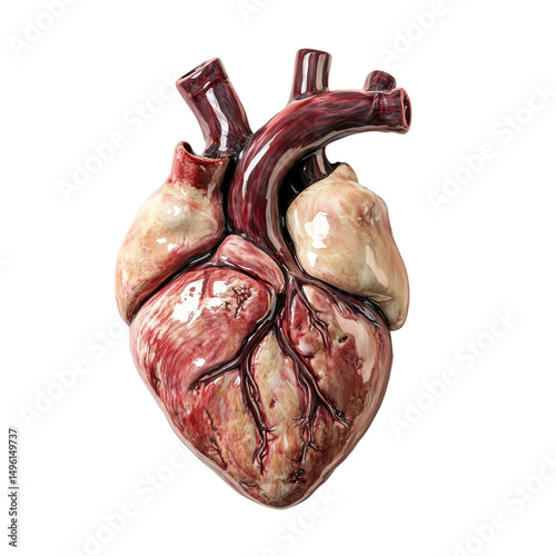 Anatomical human heart, Realistic anatomical human heart showing arteries and veins, isolated on transparent background