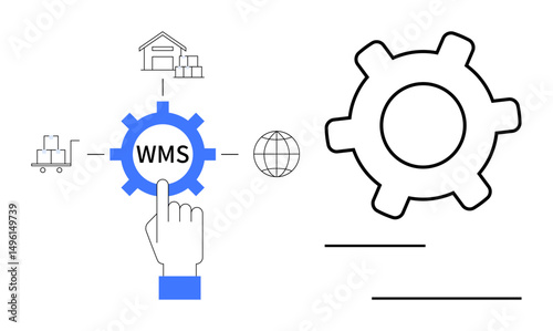 Gear labeled WMS connected to a finger click, warehouse icon, globe, and pallet cart. Ideal for logistics, automation, supply chain, warehouse efficiency, inventory management global trade flat