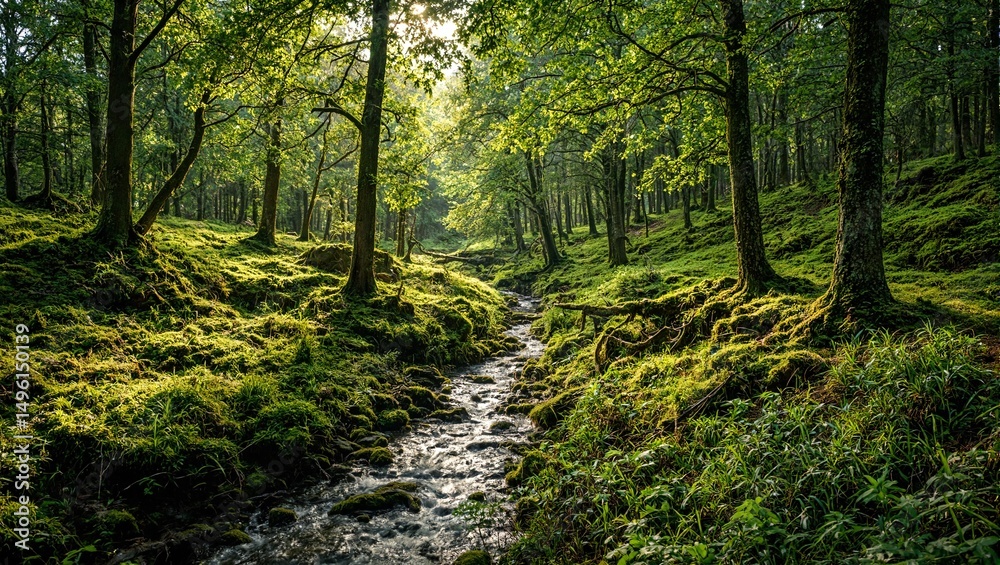Fototapeta premium Tranquil mossy forest featuring a babbling brook under dappled sunlight from the towering trees Serene nature scene
