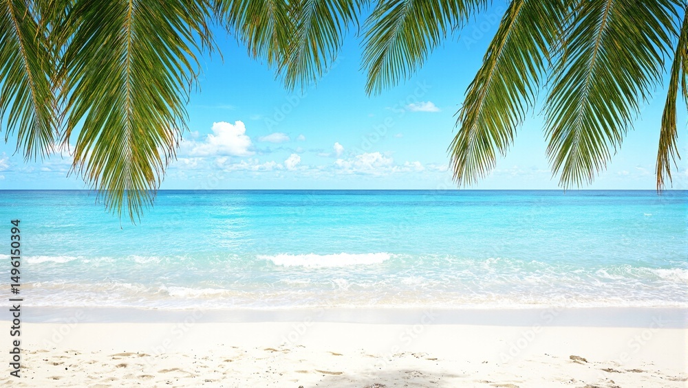 Fototapeta premium Tranquil tropical beach scene with turquoise water white sand and swaying palm fronds evoking serenity and relaxation