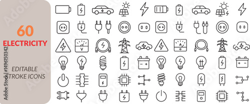 Vector set of 60 Editable Icons for Electricity Power, Energy, Voltage, and Electrical Equipment