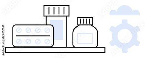 Medicine bottles and blister pack on a shelf, surrounded by healthcare-related gear and cloud icons. Ideal for pharmacy, healthcare, medication, medical supplies, treatment, technology, health