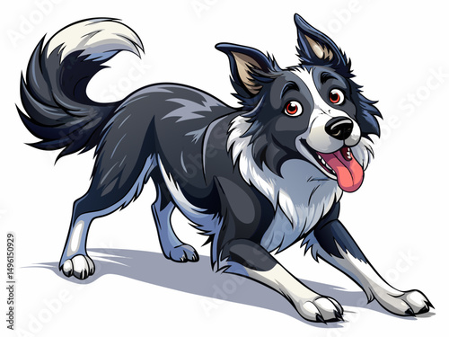 Young typical black and white charismatic border collie dog, which stretches the side paths. When licking your mouth, you look directly into the camera. Isolated cutout on transparent background