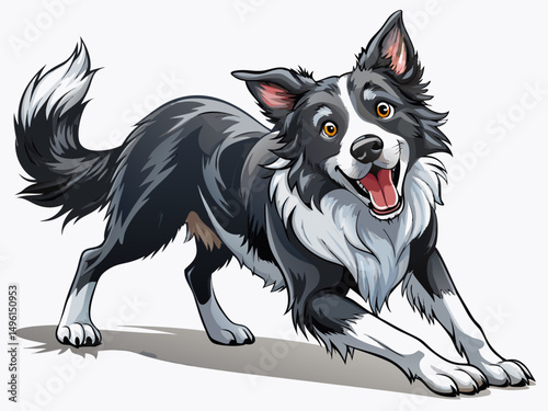 Young typical black and white charismatic border collie dog, which stretches the side paths. When licking your mouth, you look directly into the camera. Isolated cutout on transparent background