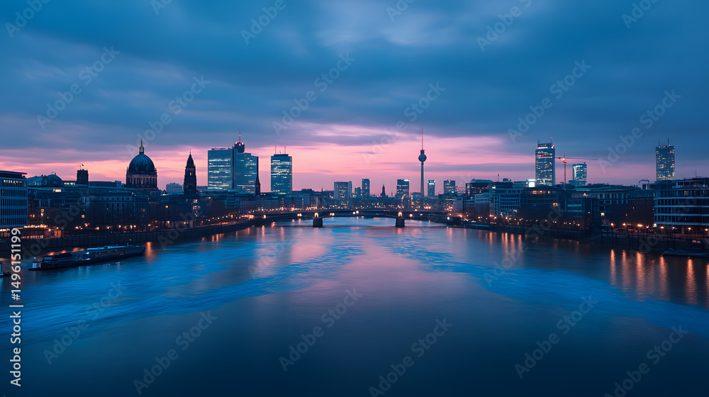 Fototapeta premium Architectural blueprint overlay on a modern cityscape at dusk, sunset, architecture