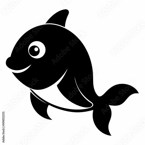 Flipper cute fish black silhouette on white Background