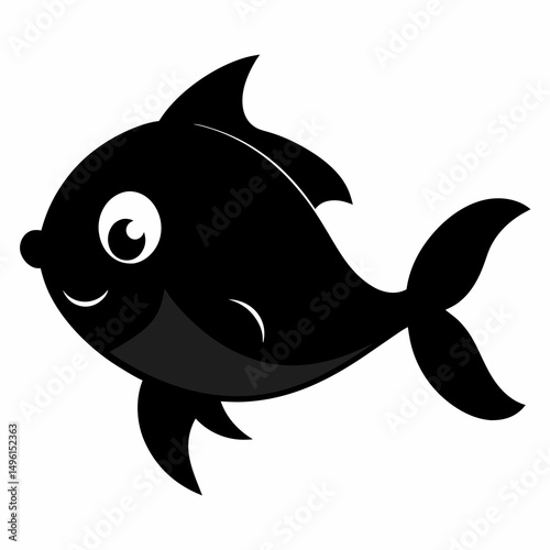 Flipper cute fish black silhouette on white Background