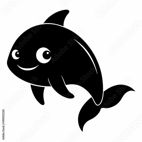 Flipper cute fish black silhouette on white Background