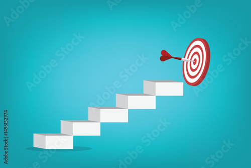 Goal, motivation to success. Climb up stairs to reach goal target on the top.