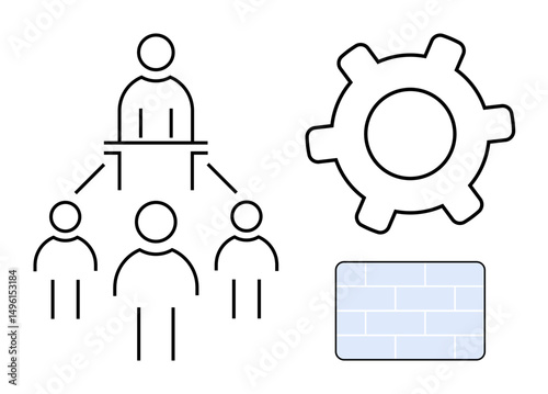 Abstract leadership hierarchy with three subordinate figures, a large cogwheel representing teamwork, and a brick wall suggesting stability. Ideal for leadership, teamwork, structure, organization