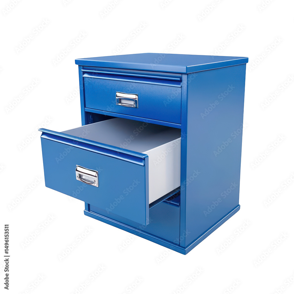 Open drawer of a blue metal filing cabinet, angled view on transparent background Open drawer of a blue metal filing cabinet, angled view on transparent background