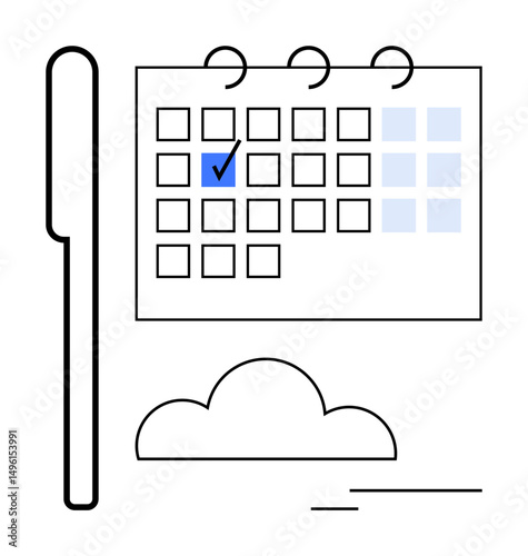 Calendar with a highlighted date and pen alongside a cloud icon. Ideal for planning, deadlines, organization, reminders, productivity, scheduling, prioritization actions. Flat simple metaphor