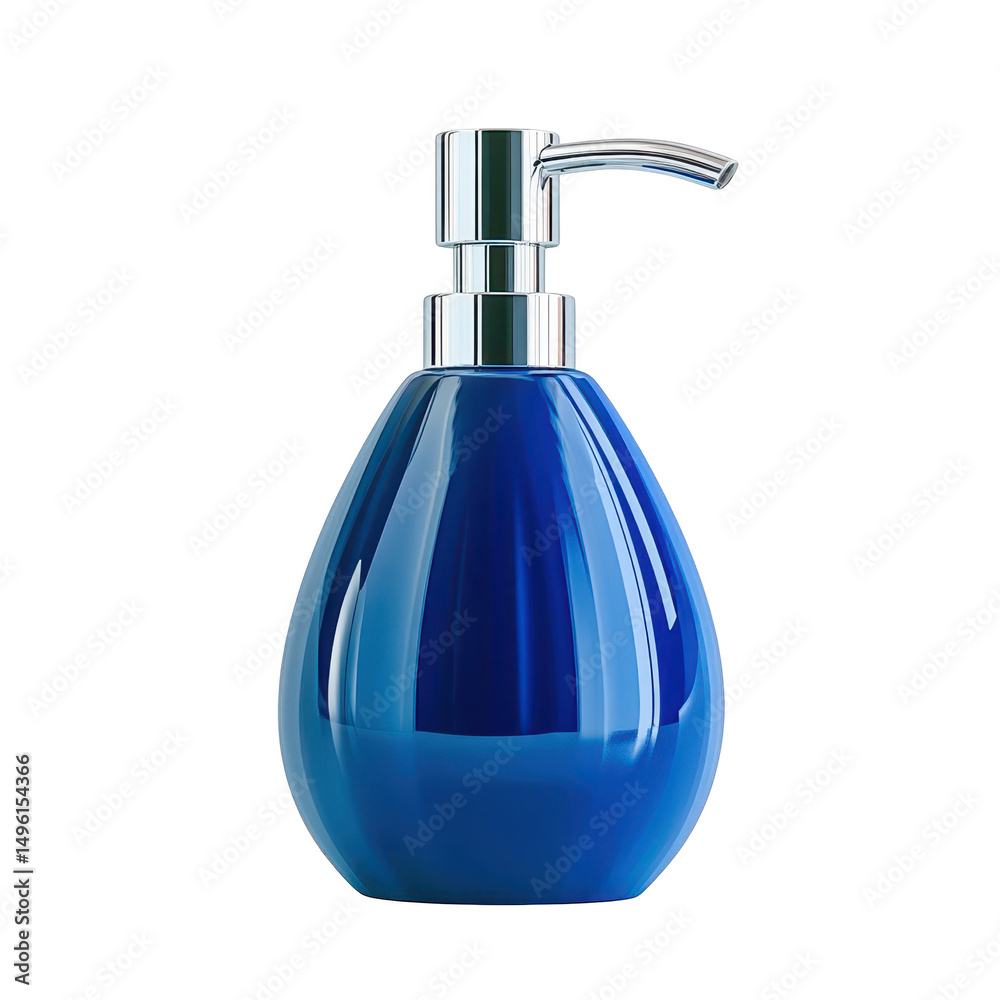 Obraz premium Shiny blue dispenser with silver pump for liquid soap on transparent background