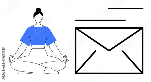 Woman in seated meditation pose next to envelope lines symbolizing messages and balance. Ideal for mindfulness, productivity, digital detox, relaxation, focus, communication, well-being. Flat simple