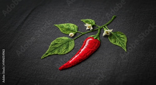 Detailed chili pepper embroidery art on dark grey textured fabric background design