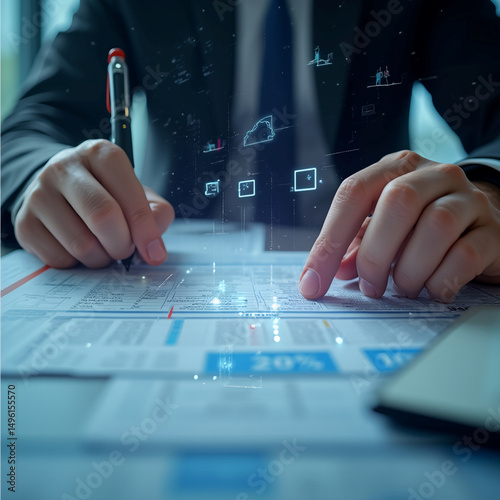 AI-Assisted Hands Filling Tax Forms with Futuristic Digital Overlay