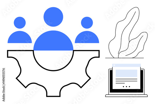 Gear with three human symbols, computer screen with data, and abstract plant design. Ideal for teamwork, technology, creativity, productivity, innovation, strategy simple landing page
