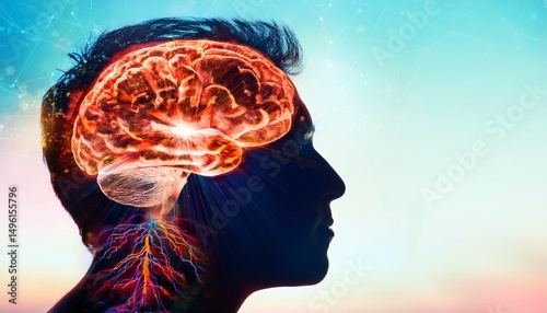 brain rot decay exhaustion copy space vivid colors double exposure silhouette with a fatigued brain and fading neural connections