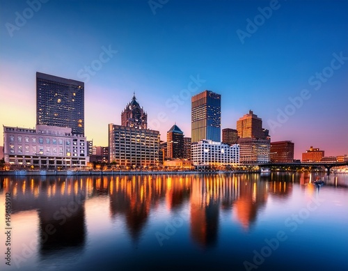 stunning syracuse new york skyline with modern architecture and twilight colors reflected in water