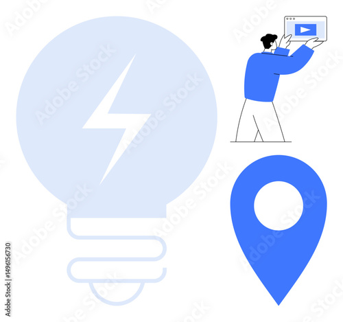 Light bulb with lightning bolt, a map pin, and a person holding a screen with a play button. Ideal for creativity, innovation, technology, learning, presentation, navigation simple landing page