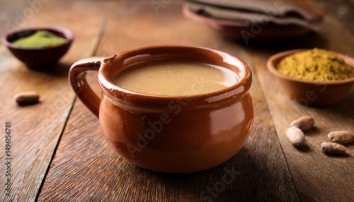 traditional peruvian chicha de jora in a clay cup rustic beverage photography showcasing cultural heritage and authentic drink presentation photo